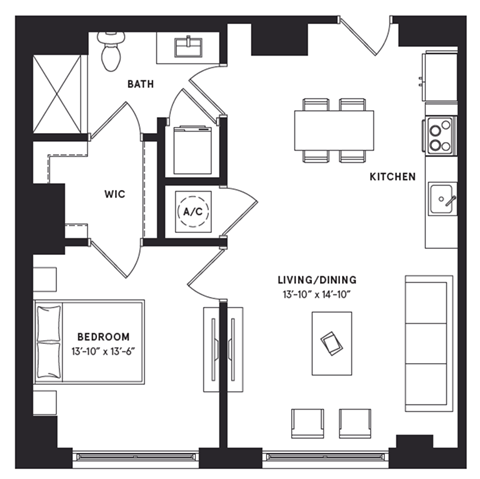 Floor plan for 1 bed, 1 bath, 809 sqft
